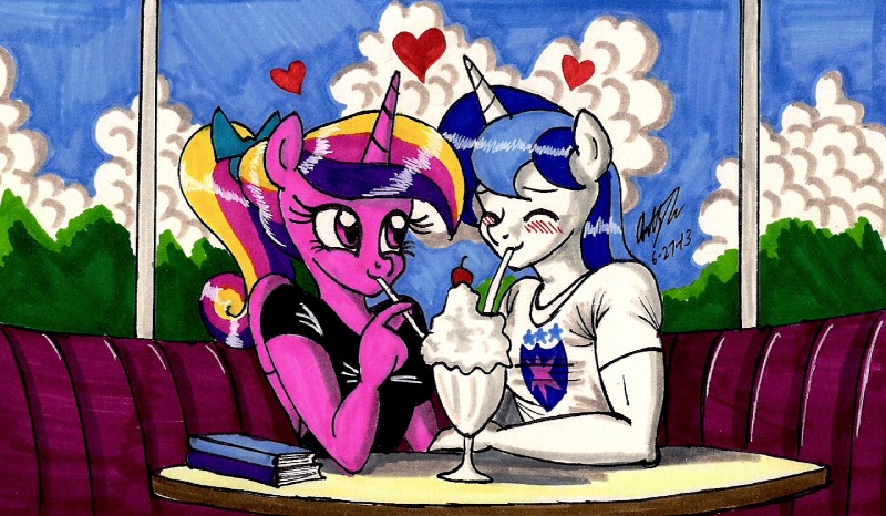 anthro anthrofied beverage blue_hair blush book cherry clothing cloud dairy_products duo eyes_closed feathered_wings feathers female food fruit hair heart_above_head heart_symbol horn inside male milkshake multicolored_hair plant ponytail purple_eyes romantic romantic_ambiance romantic_couple shared_heart sharing sharing_beverage sharing_milkshake sitting sky two_tone_hair whipped_cream wings newyorkx3 friendship_is_magic hasbro my_little_pony mythology princess_cadance_(mlp) shining_armor_(mlp) equid equine mammal mythological_creature mythological_equine unicorn winged_unicorn 2013