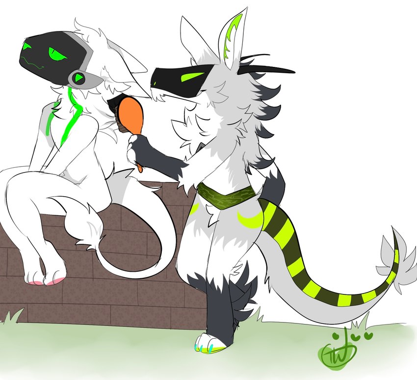 anthro brick_wall brush brushing cybernetics duo fluffy fluffy_tail fur green_eyes green_markings green_paws inner_ear_fluff long_ears machine male male/male markings neck_tuft outside pawpads personal_grooming pink_pawpads screen screen_face sitting smile social_grooming striped_markings striped_tail stripes tail tail_markings tuft wall_(structure) white_body white_fur temporarywizard ares_(nsa) athena_(za) cyborg mantled_beast protogen sergal hi_res