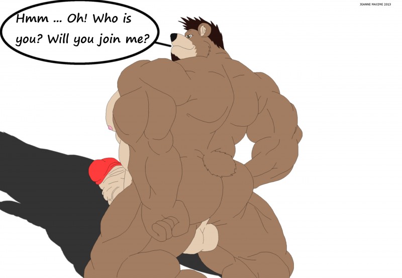 anthro balls biceps big_muscles big_penis biped dialogue erection fur genitals hair looking_at_viewer male muscular muscular_anthro muscular_male nipples nude pecs penis pose smile solo text maxime-jeanne kisuke_mineo bear brown_bear canid canine grizzly_bear mammal ursine 2013 english_text hi_res