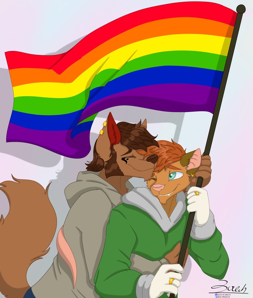 anthro blue_eyes bottomwear brown_body brown_fur brown_hair brown_markings chin_tuft clothed clothing denim denim_bottomwear denim_clothing duo ear_piercing ear_ring eyes_closed facial_hair facial_tuft flag flag_(object) fur hair holding_flag holding_object hoodie hug hugging_another hugging_from_behind interspecies interspecies_romance jeans lgbt_couple lgbt_pride male male/male markings married_couple mature_male one_eye_closed orange_body orange_fur pants piercing pride_color_flag pride_colors rainbow_flag rainbow_pride_flag rainbow_symbol raised_tail ring ring_piercing romantic romantic_couple smile tail topwear tuft white_body white_fur white_markings zer0rebel4 discord_(app) lgbt_pride_month telegram thomas_ii_(zer0rebel4) timothy_(zer0rebel4) american_opossum canid canine canis mammal marsupial werecanid werecanine werecreature wolf 2024 absurd_res hi_res