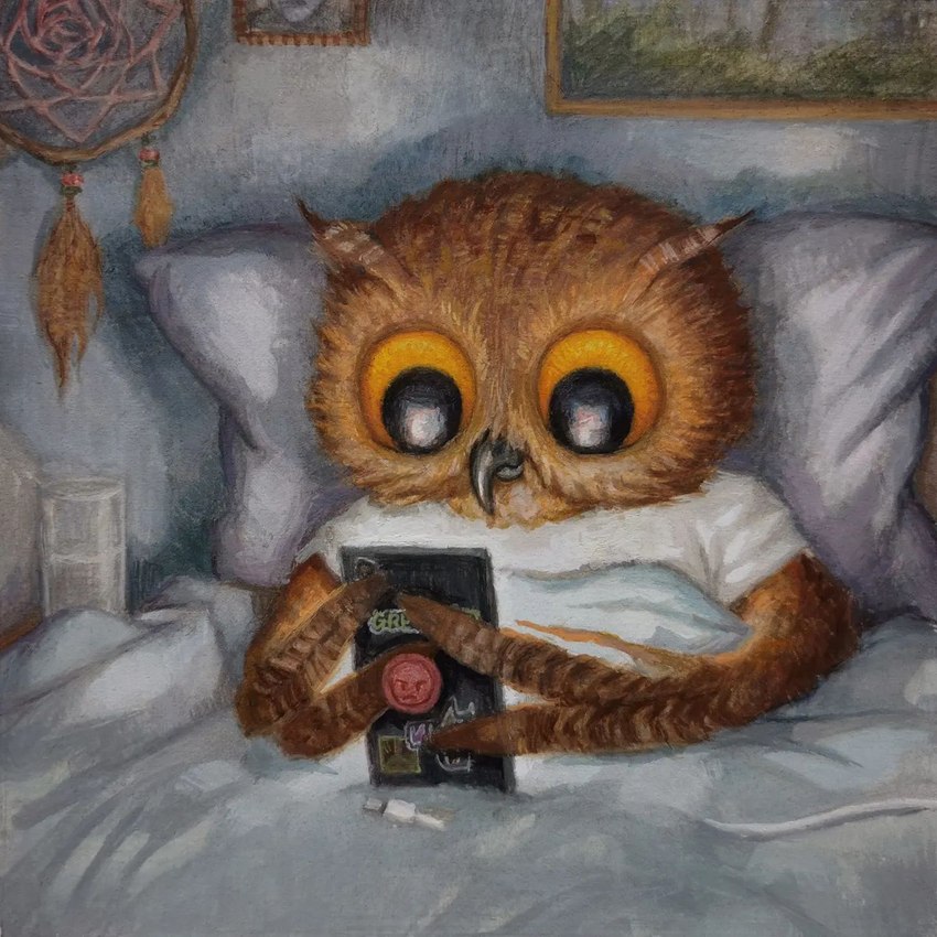 ambiguous_gender anthro bed bedding bedroom biped blanket brown_body cellphone clothing detailed_background electronics furniture inside phone shirt smartphone solo topwear joaquincarre avian bird owl 1:1 2022 gouache_(artwork) hi_res painting_(artwork) shaded traditional_media_(artwork)