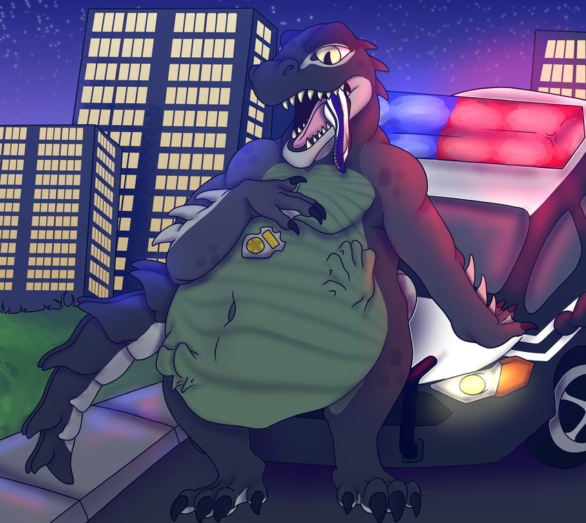 abdominal_bulge anthro belly big_belly burping car city city_background cityscape fully_inside male motor_vehicle open_mouth police police_car police_vehicle solo vehicle vore nehocane alligator alligatorid crocodilian reptile scalie hi_res