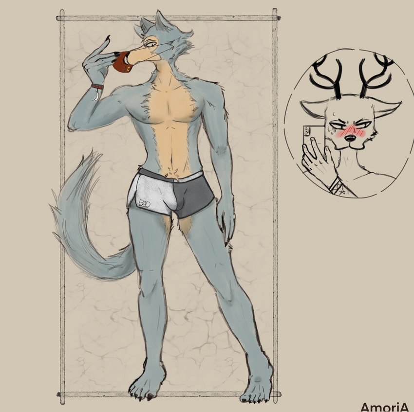 accessory anthro blush bodily_fluids bulge claws clothed clothing clothing_pull duo electronics feet male mask phone posing_for_picture simple_background sweat sweatdrop swimming_trunks swimwear topless topless_male amoriashop beastars legoshi_(beastars) louis_(beastars) absurd_res hi_res