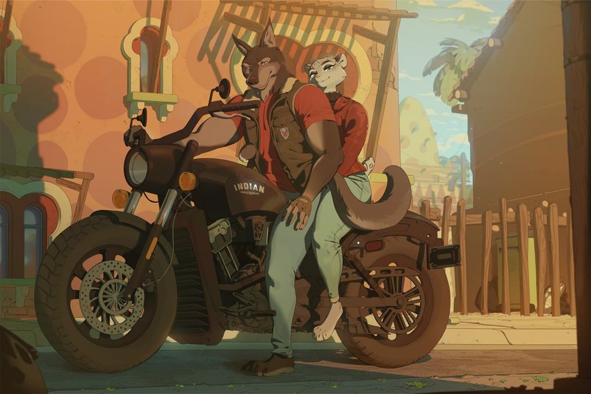 anthro biker clothing cruising desert duo female fingerless_gloves gloves handwear jacket leather leather_clothing leather_jacket leather_topwear male male/female motorcycle riding_motorcycle romantic romantic_couple topwear vehicle vest boardwalkfogg disney indian_(motorbike) zootopia axel_wolfram olivia_snow canid canine canis felid feline mammal pantherine snow_leopard wolf hi_res