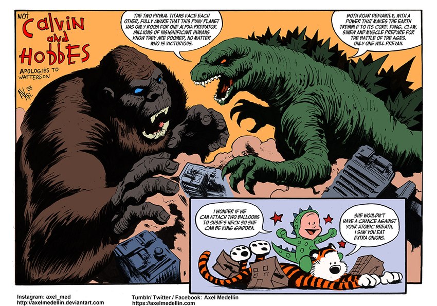 calvin, godzilla, hobbes, and king kong (king kong (series) and etc) created by axelmedellin