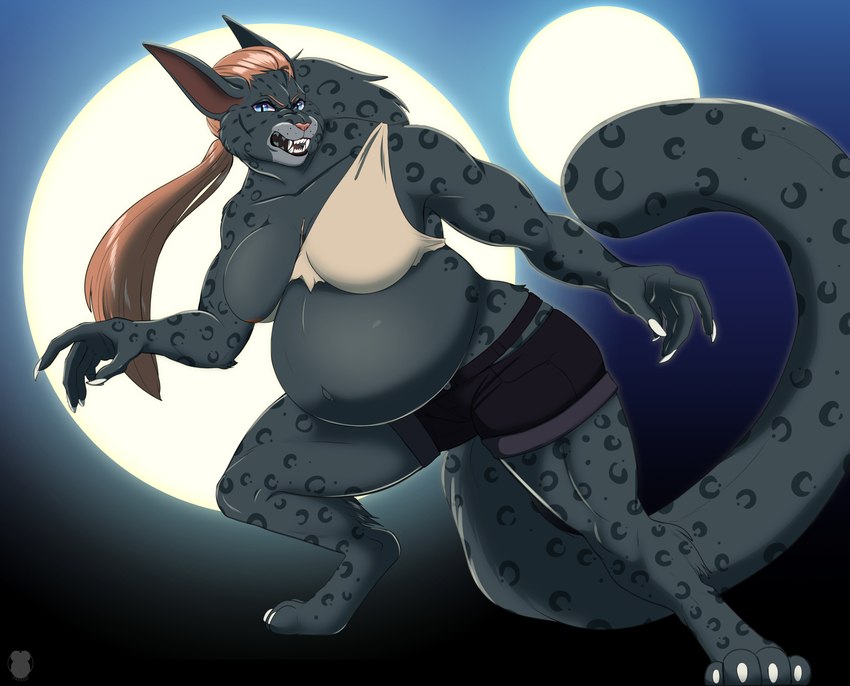 2_moons 4_toes 5_fingers anthro barely_visible_areola black_markings blue_eyes breasts brown_hair chest_scar claws damaged_clothing detailed_background digitigrade fangs feet female fingers fur gradient_background grey_body grey_fur hair leopard_spots light long_ears markings moonlight night open_mouth outside pregnant pregnant_anthro pregnant_female pupils scar simple_background slit_pupils snarling solo spots standing sternum_scar teeth toes tongue pregoo tauttum bethesda_game_studios microsoft mythology the_elder_scrolls the_elder_scrolls_online zenimax_online_studios anurri_(swordfox) canid canine felid khajiit mammal monster mythological_canine mythological_creature pantherine werecanid werecanine werecreature werefelid werewolf 2023 colored hi_res shaded story story_in_description