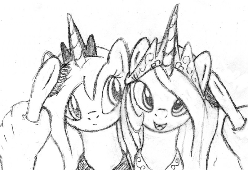 brush crown disembodied_hand female feral group hair headgear horn jewelry long_hair princess royalty tiara tg-0 friendship_is_magic hasbro my_little_pony mythology princess_celestia_(mlp) princess_luna_(mlp) equid equine mammal mythological_creature mythological_equine unicorn monochrome sibling_(lore) sister_(lore) sisters_(lore)