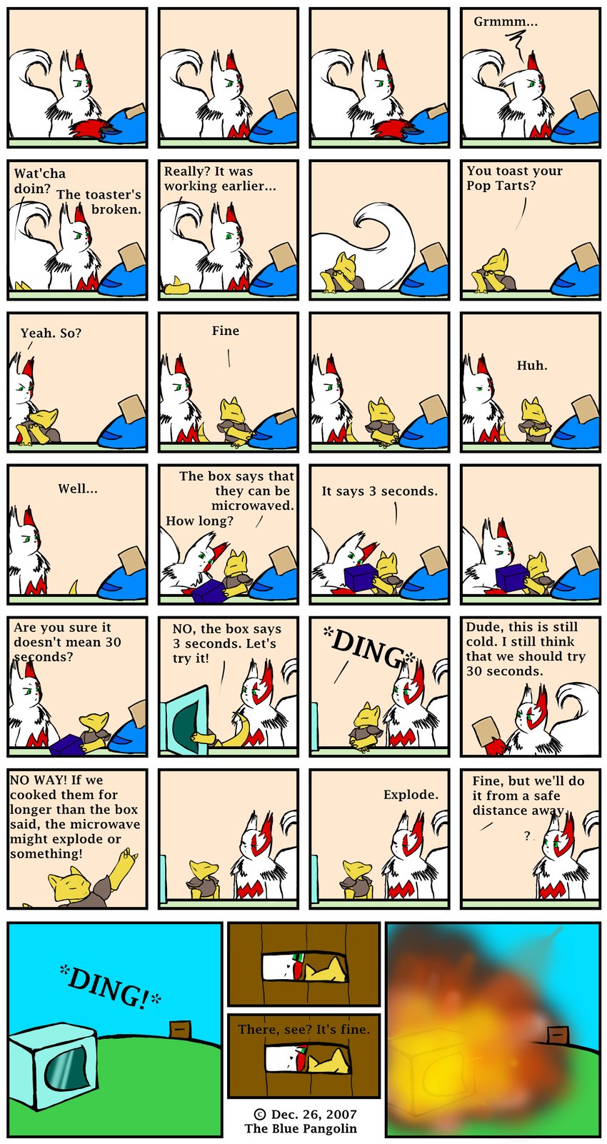 ambiguous_gender annoyed anthro appliance box brown_body bunker claws container dialogue ding_(sound) duo explosion eyes_closed fluffy fluffy_tail food fur green_eyes hand_on_chin hand_on_own_chin holding_food holding_object kitchen_appliance looking_at_another looking_down markings microwave_oven multicolored_body multicolored_fur onomatopoeia outside reading red_body red_fur red_markings simple_background sound_effects spontaneous_combustion standing tail text toaster two_tone_body two_tone_fur walking walking_away white_body white_fur yellow_body yellow_skin the_blue_pangolin nintendo pokemon pop-tarts abra generation_1_pokemon generation_3_pokemon pokemon_(species) zangoose 2007 absurd_res colored comic english_text hi_res