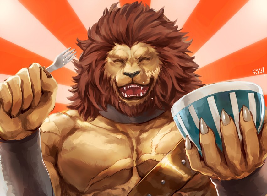 bowl brown_body brown_fur clothed clothing container cutlery eyes_closed facial_scar fork fur kitchen_utensils looking_at_viewer male mane muscular muscular_male partially_clothed pecs scar solo teeth tools sky_gomi restaurant_to_another_world lionel_(restaurant_to_another_world) felid lion mammal pantherine