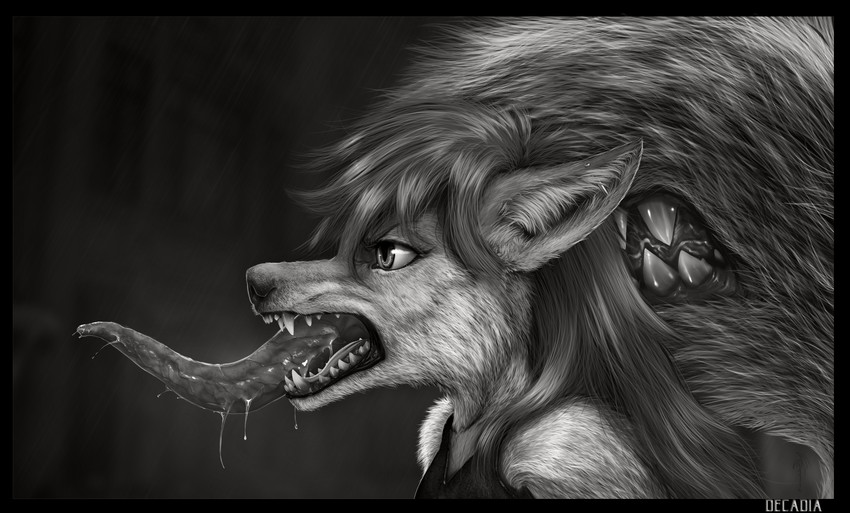 anthro bared_teeth blue_eyes bodily_fluids drooling ear_piercing female fur inner_ear_fluff perspective_shot piercing realistic realistic_fur red_body red_fur saliva side_view solo tail tail_mouth teeth teeth_showing tongue tongue_out tuft unusual_anatomy unusual_tail decadia legend_of_ahya ahya_(legend_of_ahya) taylor_renee_wolford_(darkflamewolf) canid canine canis mammal wolf black_and_white bust_portrait hi_res monochrome portrait