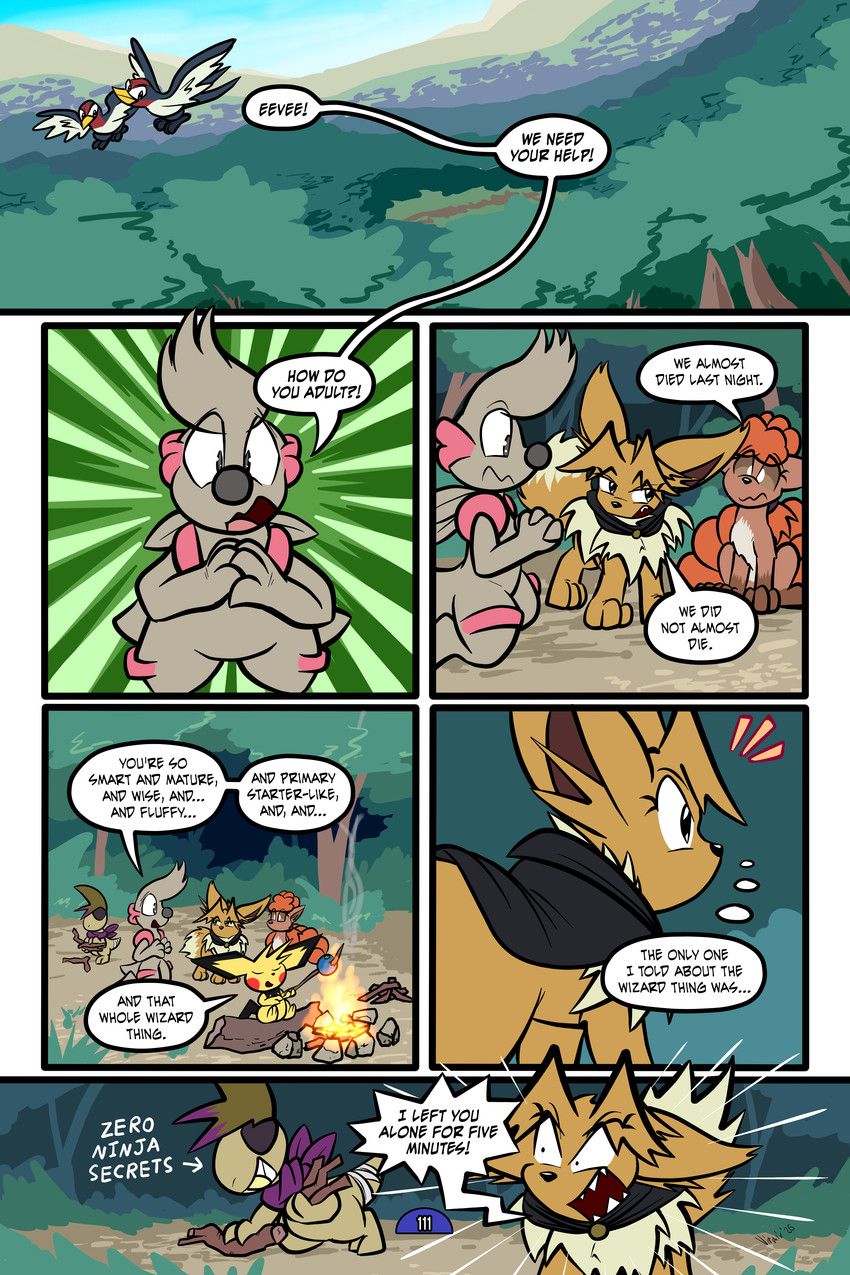 6_panel_comic ambiguous_gender bandage beak berry biped black_cape black_clothing black_eyes black_nose black_tail black_text brown_body brown_eyes brown_fur brown_hair campfire cape cheek_spots clenched_teeth clothing day dialogue ellipsis exclamation_point eye_patch eyebrows eyelashes eyes_closed eyewear feathered_wings feathers feet feral fire fluffy fluffy_tail flying food forest fruit fur grass group hair inner_ear_fluff inner_monologue mouth_closed multi_tail neck_tuft one_eye_obstructed open_mouth open_smile outside page_number plant pupils purple_scarf quadruped question_mark red_cheeks scarf sharp_teeth sitting sky smile speech_bubble tail tail_feathers talking_to_another talons teeth text thinking toes tongue toony translucent translucent_hair tree tuft tusks twig white_pupils white_sclera white_text wings yellow_beak yellow_body virmir nintendo pokemon pokemon_mystery_dungeon spike_chunsoft virmir_(character) zinc_(zincxiron) axew eevee generation_1_pokemon generation_2_pokemon generation_3_pokemon generation_5_pokemon humanoid pichu pokemon_(species) taillow timburr vulpix 2026 2:3 absurd_res comic english_text hi_res signature female_(lore) male_(lore)