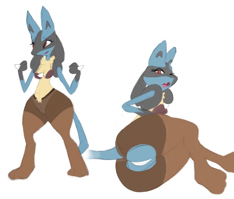 anthro anthrofied big_butt black_body black_fur blue_body blue_fur breasts butt camel_toe clothing eyelashes female fur legwear multicolored_body multicolored_fur panties pantyhose paws pokemorph red_eyes simple_background solo tail tongue underwear white_background punkinillus nintendo pokemon canid canine generation_4_pokemon lucario mammal pokemon_(species) digital_media_(artwork)