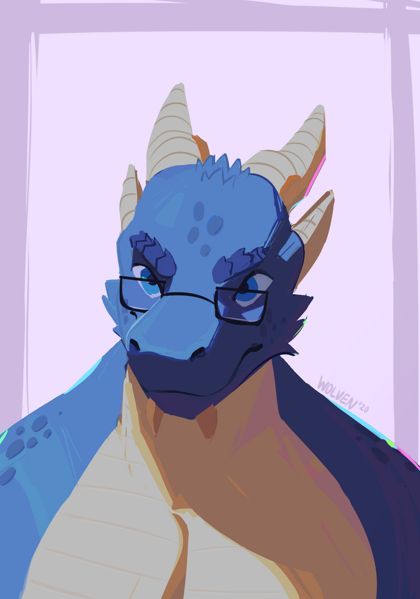 anthro blue_body blue_eyes blue_scales border countershade_scales countershade_torso countershading eyewear glasses horn looking_at_viewer male multicolored_body multicolored_scales purple_border scales simple_background smile solo text white_background white_body white_scales itswolven mythology dragon mythological_creature mythological_scalie scalie 2020 bust_portrait english_text hi_res portrait signature