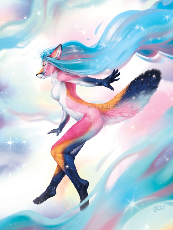 5_fingers anthro biped black_nose blue_hair breasts cosmic_hair digitigrade ethereal_hair featureless_breasts feet female fingers fur hair nude paws pink_body pink_fur pseudo_hair solo toes goldendruid canid canine fox mammal 2018 2019 3:4 digital_media_(artwork) hi_res