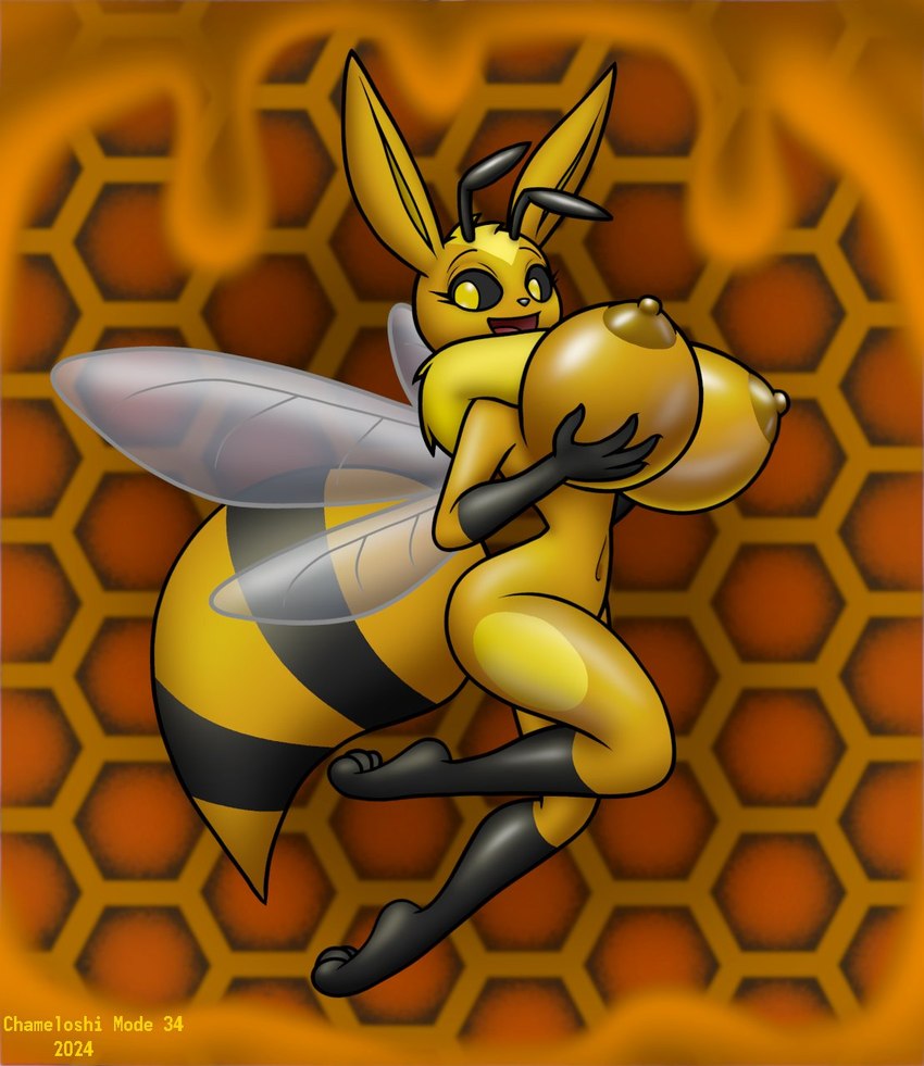 antennae_(anatomy) anthro areola big_breasts black_sclera breasts female food honey_(food) honeycomb honeycomb_background huge_breasts looking_at_viewer membrane_(anatomy) membranous_wings navel nipples nude solo thorax wings chameloshi nintendo pokemon arthropod bee eevee generation_1_pokemon hybrid hymenopteran insect pokemon_(species) hi_res