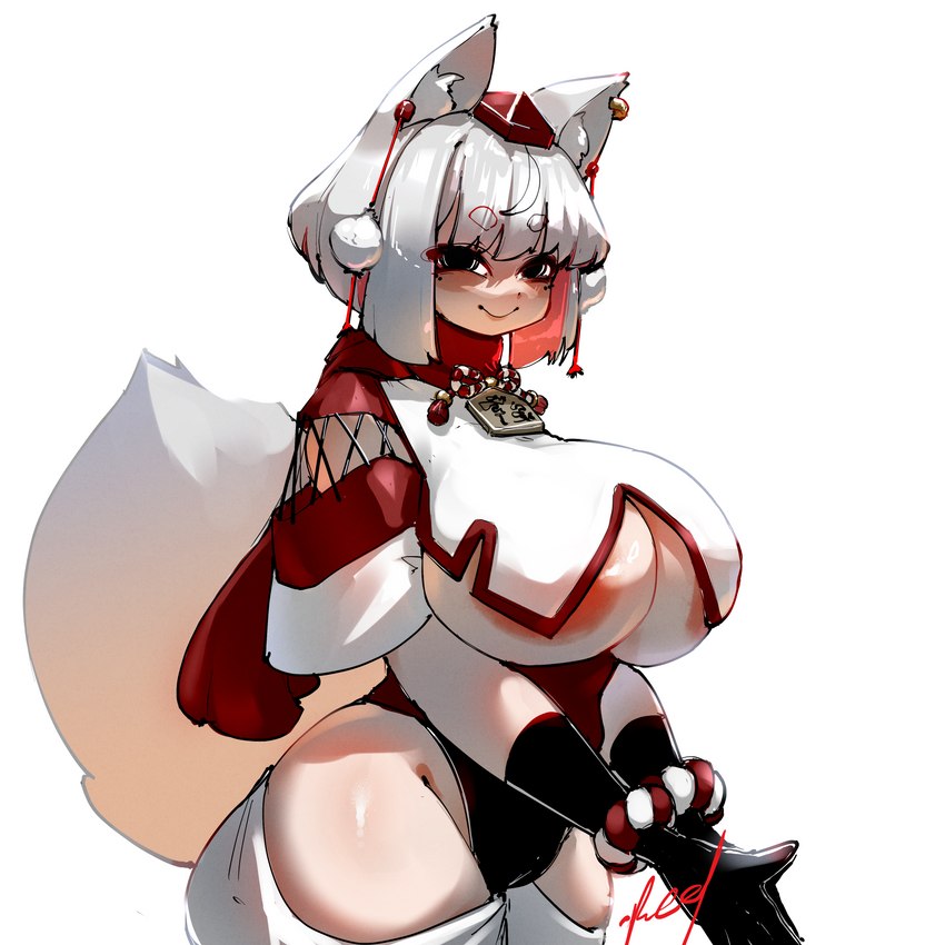 areola areola_slip big_areola big_breasts black_eyes breasts clothed clothing female gloves hair handwear hat headgear headwear huge_areola huge_breasts inner_ear_fluff short_hair sidelocks smile solo tail tokin_hat tuft under_boob white_hair crr001 touhou momiji_inubashiri animal_humanoid canid canid_humanoid canine canine_humanoid humanoid mammal mammal_humanoid wolf_humanoid 1:1 absurd_res hi_res signature