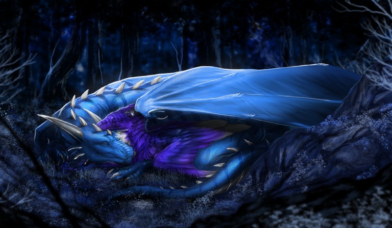 ambiguous_gender detailed_background duo eyes_closed feathered_wings feathers feral forest fur horn lying membrane_(anatomy) membranous_wings night outside plant purple_body purple_feathers purple_fur spines tail tree wings isvoc european_mythology mythology glacius_draconian riley_(jendays) dragon feathered_dragon feathered_scalie furred_dragon furred_scalie mythological_creature mythological_scalie scalie western_dragon 2018 digital_media_(artwork)