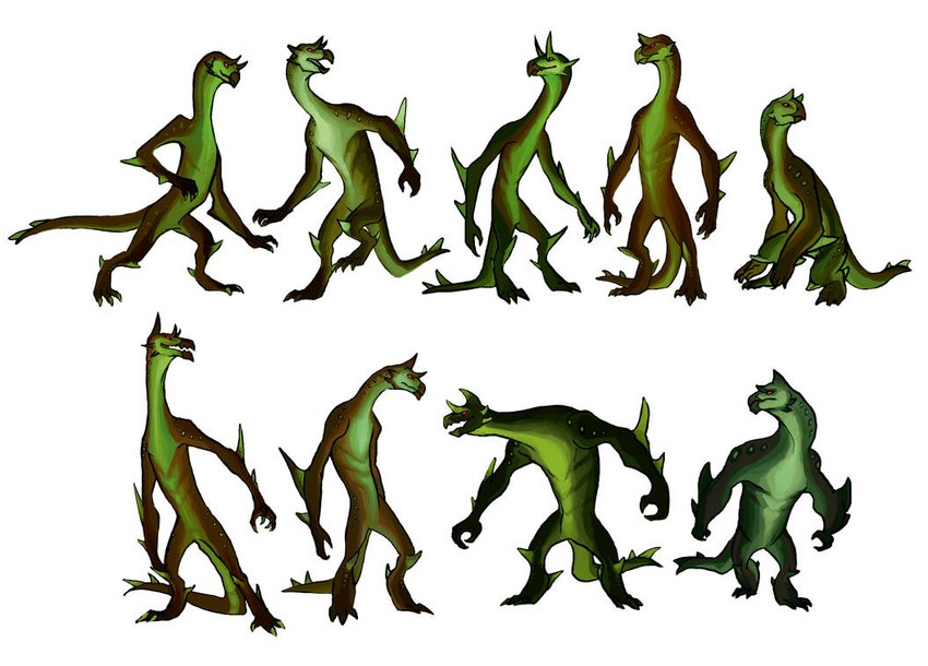 3_toes 4_fingers anthro beak brown_body brown_scales countershade_arms countershade_face countershade_tail countershade_torso countershading feet fingers green_body green_countershading green_markings green_scales green_spots group long_neck male markings multiple_poses nude open_mouth pose red_eyes scales spikes spikes_(anatomy) spots tail toes lackofa animorphs alien hork-bajir scalie female_(lore)