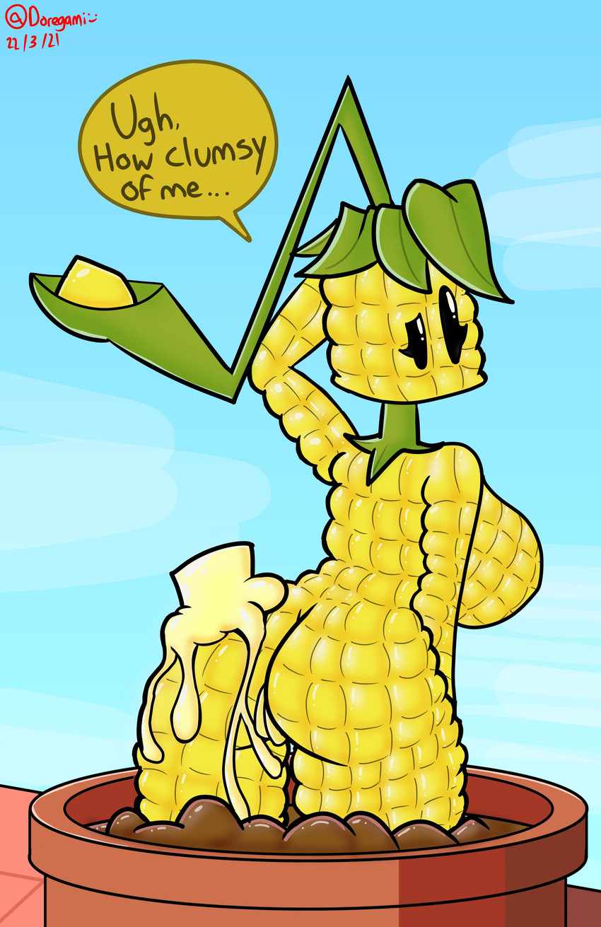 big_breasts biped breasts butt butter dairy_products dialogue eyelashes female food genitals leaf looking_back not_furry nude nude_female outside plant plant_pot rear_view sky solo speech_bubble text vulva yellow_body doregami electronic_arts plants_vs._zombies popcap_games elemental_creature elemental_humanoid flora_fauna humanoid kernel-pult_(pvz) plant_humanoid 2021 absurd_res artist_name dated digital_drawing_(artwork) digital_media_(artwork) english_text hi_res