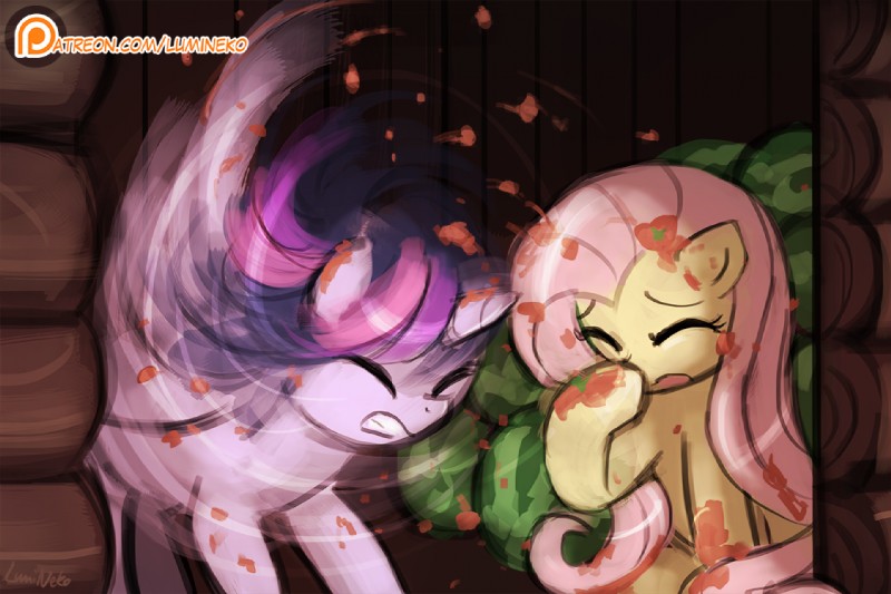 duo female feral food food_fight fruit horn plant shaking tomato lumineko friendship_is_magic hasbro my_little_pony mythology fluttershy_(mlp) twilight_sparkle_(mlp) equid equine horse mammal mythological_creature mythological_equine pony unicorn 3:2 digital_media_(artwork)