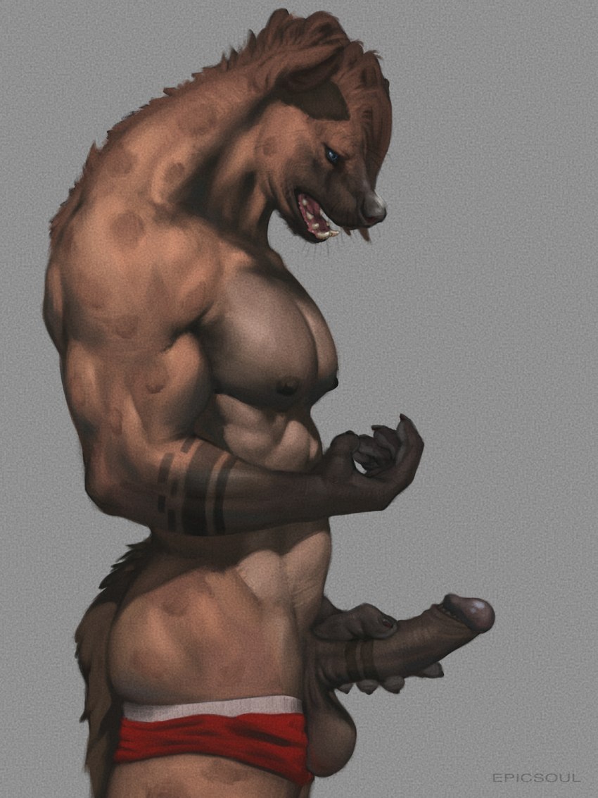 5_fingers abs anthro arm_tattoo balls belly bent_arm biceps black_nose blue_eyes brown_body brown_fur brown_hair brown_penis brown_tail butt claws clothed clothing dark_body dark_ears dark_fur dark_tail erection finger_claws fingers forearm_muscles forearm_tattoo forearms foreskin fur genital_tattoo genitals glans grey_body grey_eyes grey_fur hair holding_penis humanoid_genitalia humanoid_penis long_hair looking_down male markings multicolored_body multicolored_fur muscular muscular_anthro muscular_male neck_muscles nipples nude open_mouth partially_clothed pecs penis penis_tattoo retracted_foreskin saggy_balls side_view simple_background solo spots spotted_body spotted_fur standing tail tattoo teeth tongue triceps underwear underwear_down epic_soul thabo_(epic_soul) hyena mammal spotted_hyena 3:4 digital_media_(artwork) hi_res