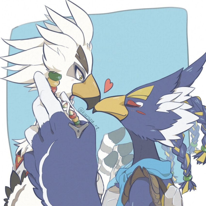 anthro beak beak_kiss blue_body blue_feathers braided_pseudo_hair clothed clothing eyes_closed feathers kissing male male/male scarf white_body white_feathers yellow_eyes kurozu_rt breath_of_the_wild nintendo the_legend_of_zelda revali teba_(tloz) avian bird rito 1:1 hi_res