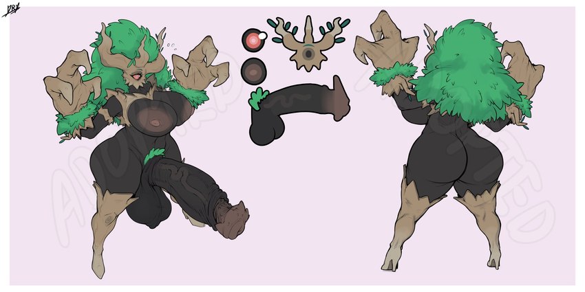 1_eye 3_fingers anthro breasts fingers genitals gynomorph intersex leaf leaf_tail plant raised_arm solo tail dryadex nintendo pokemon elemental_creature flora_fauna generation_6_pokemon pokemon_(species) trevenant 2:1 hi_res model_sheet