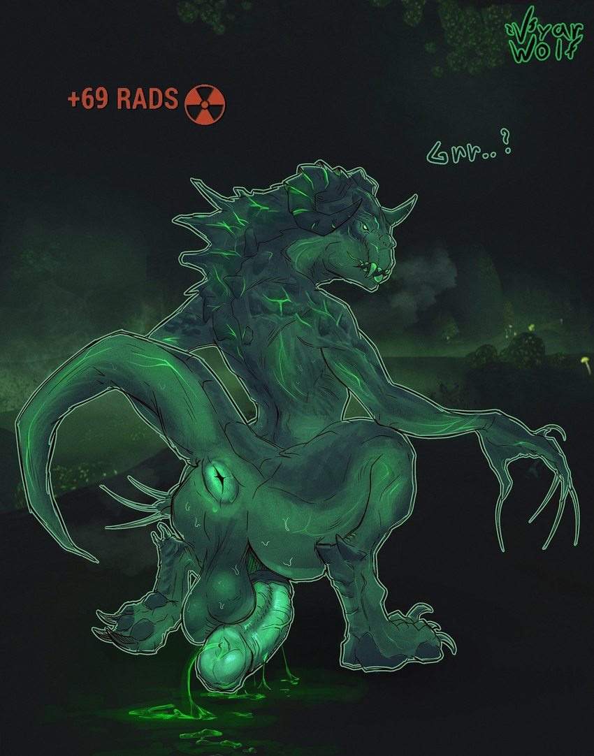 anthro anus balls big_butt big_penis bodily_fluids butt claws crouching dorsal_ridge dripping fangs femboy genital_fluids genitals glowing glowing_anus glowing_body glowing_eyes glowing_genitalia glowing_horn glowing_markings glowing_penis glowing_precum green_background green_body growling hazard_symbol horn long_claws looking_at_viewer looking_back male markings outline pawpads paws penis precum precum_drip precum_string presenting presenting_anus presenting_penis question_mark radiation radiation_symbol radioactive rear_view simple_background solo spikes spikes_(anatomy) spines spiral_horn steamy_breath sweat sweatdrop sweaty_balls sweaty_butt sweaty_genitalia symbol tail teeth text unusual_bodily_fluids unusual_genital_fluids unusual_precum vyarwolf fallout microsoft deathclaw glowing_deathclaw scalie hi_res