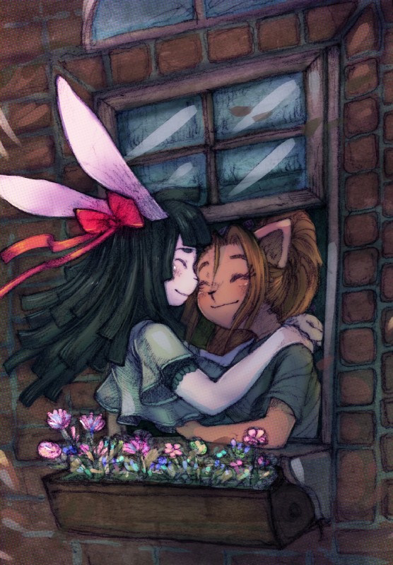 accessory anthro blush bow_(feature) bow_accessory bow_ribbon clothed clothing duo eyes_closed female female/female flower hair hair_accessory hair_bow hair_ribbon hug plant ribbons smile window pwcsponson carmen_(pwcsponson) eliza_(pwcsponson) felid lagomorph leporid mammal rabbit hi_res