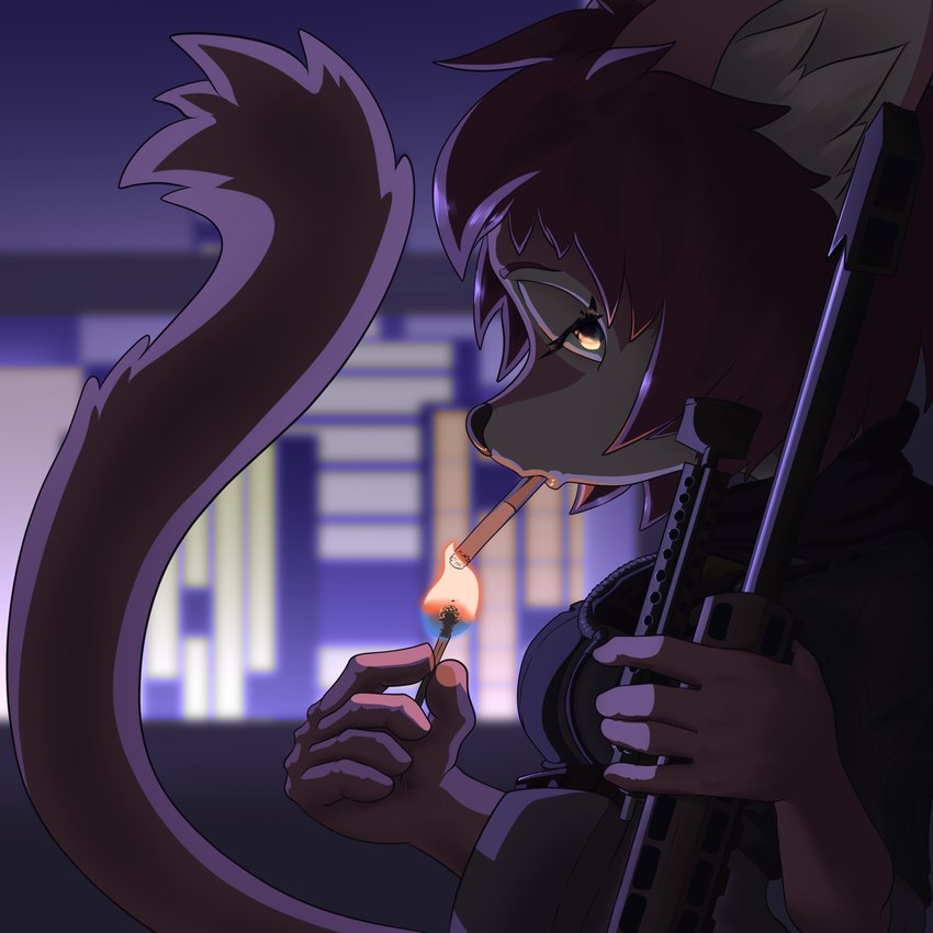 anthro cigarette city city_background female fire fluffy fluffy_tail fur gun mercenary night pink_body pink_fur ranged_weapon rifle sniper_rifle solo tactical_gear tail weapon turkojar isea_(turkojar) domestic_cat felid feline felis mammal 1:1 hi_res