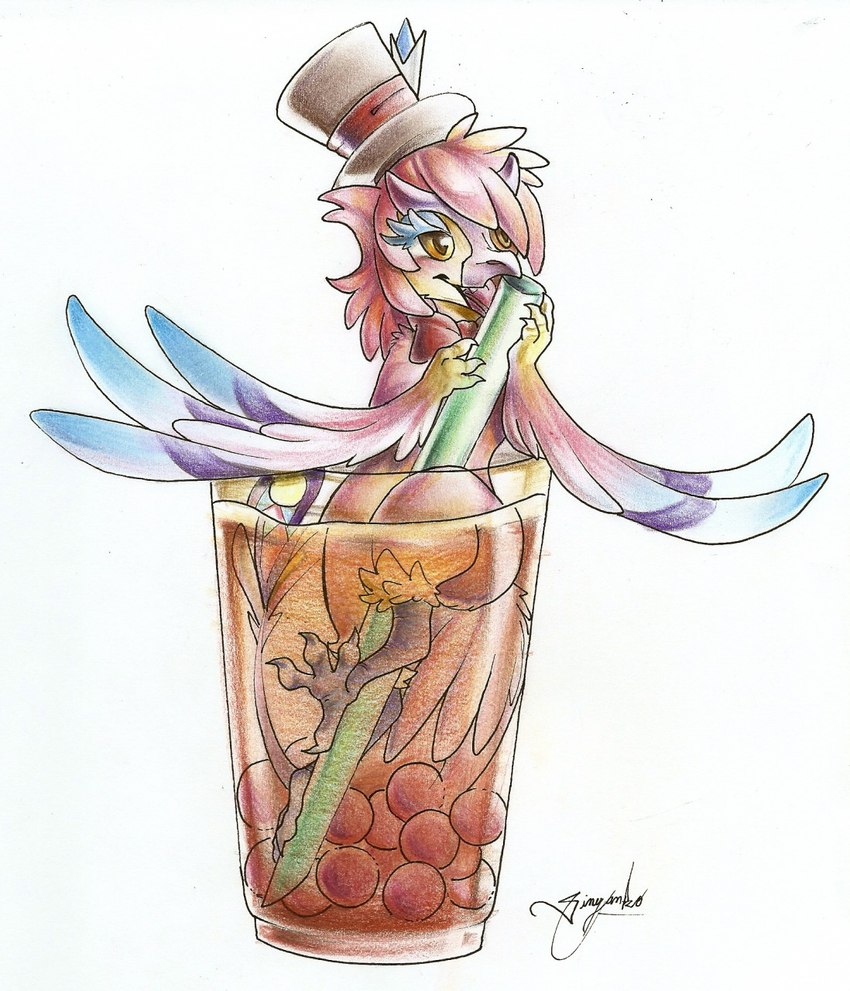 anthro blonde_hair blue_body blue_feathers blue_wings brown_clothing brown_hat brown_headwear clothing container feathered_wings feathers femboy glistening glistening_eyes hair hat headgear headwear in_container in_cup male multicolored_hair partially_submerged pink_body pink_feathers pink_hair pink_wings purple_body purple_feathers purple_wings simple_background solo two_tone_hair white_background winged_arms wings vesper_art priley avian hi_res signature traditional_media_(artwork)