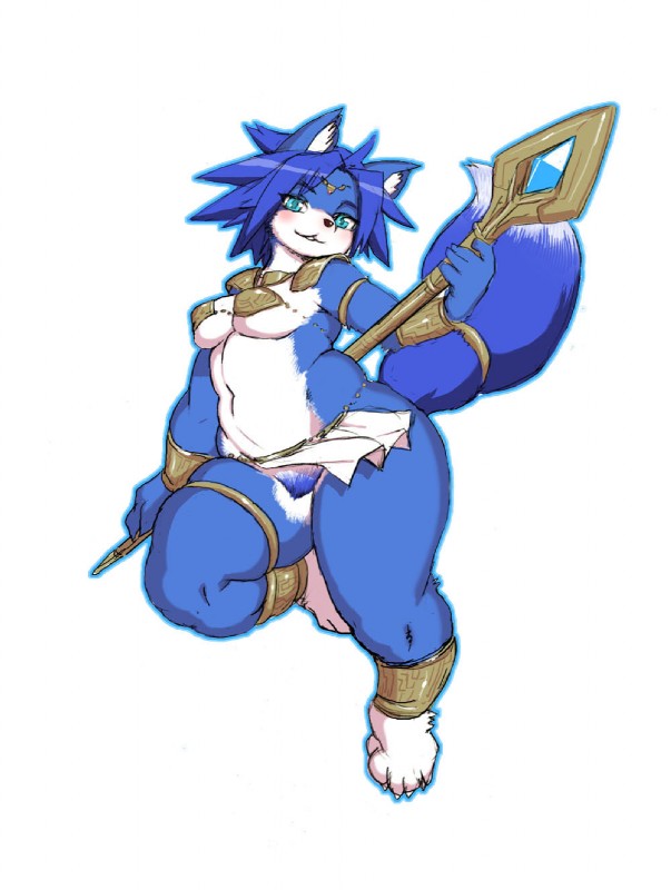 anthro blue_body blue_fur blue_hair breasts clothed clothing curvy_figure female fur hair kemono looking_at_viewer melee_weapon polearm pubes simple_background skimpy solo staff voluptuous weapon white_background white_body white_fur kjm_video nintendo star_fox krystal_(star_fox) canid canine fox mammal digital_media_(artwork) hi_res shaded