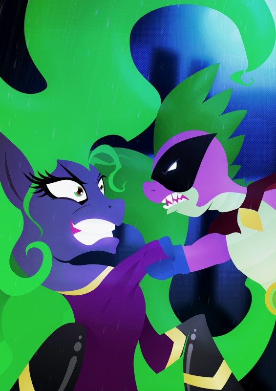 angry duo eye_contact female feral green_eyes green_hair green_spikes hair long_hair looking_at_another male mask multicolored_eyes red_eyes teeth rariedash friendship_is_magic hasbro my_little_pony mythology humdrum_(mlp) mane-iac_(mlp) power_ponies_(mlp) spike_(mlp) dragon earth_pony equid equine horse mammal mythological_creature mythological_scalie pony scalie 2014 hi_res