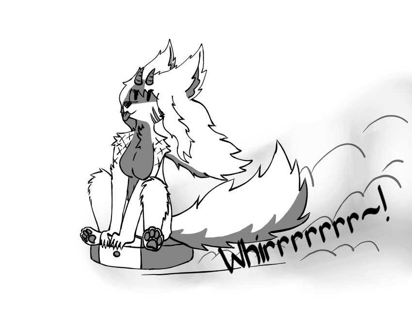 anthro cleaning_tool female fur grey_body grey_fur horn solo text tongue tongue_out vacuum_cleaner white_body white_fur kawattame roomba alexis_kawatta island_(species) 4:3 meme monochrome