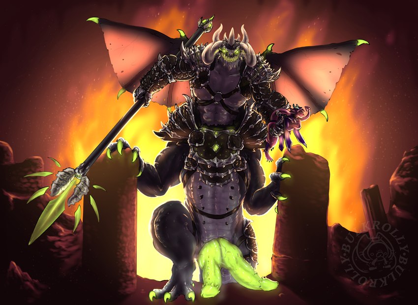 2_penises anthro armor big_penis claws dominant duo extreme_size_difference female genitals glowing glowing_eyes glowing_genitalia glowing_penis holding_object huge_penis looking_at_viewer macro male male/female membrane_(anatomy) membranous_wings multi_genitalia multi_penis muscular penis reptilian_penis size_difference smaller_female weapon wings bulkrolly mythology pathfinder cera_(ceraferis) demon dragon mythological_creature mythological_scalie scalie taur digital_media_(artwork) hi_res