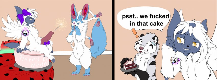 anthro cake dessert duo eating_cake female food genitals knot male male/female neda penis conditional_dnp fricken_stoat nintendo pokemon fret canid canine domestic_ferret eeveelution generation_6_pokemon mammal mega_absol mega_evolution mustelid musteline pokemon_(species) stoat sylveon true_musteline weasel ember_(disambiguation) hi_res