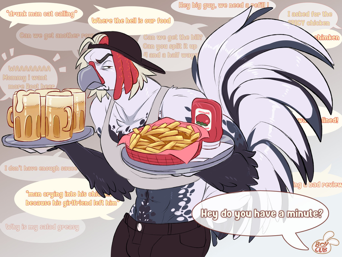 alcohol anthro avian_caruncle backwards_baseball_cap backwards_hat baseball_cap beak beer beer_mug beverage big_tail bottomwear clothed clothing comb_(anatomy) dialogue fast_food fast_food_employee feathers food fries frown fully_clothed hat head_crest headgear headwear ketchup male midriff muscular muscular_anthro muscular_male offscreen_character pants plate solo speech_bubble tail tail_feathers text waiter b0ycub avian bird chicken galliform phasianid 2024 absurd_res english_text hi_res