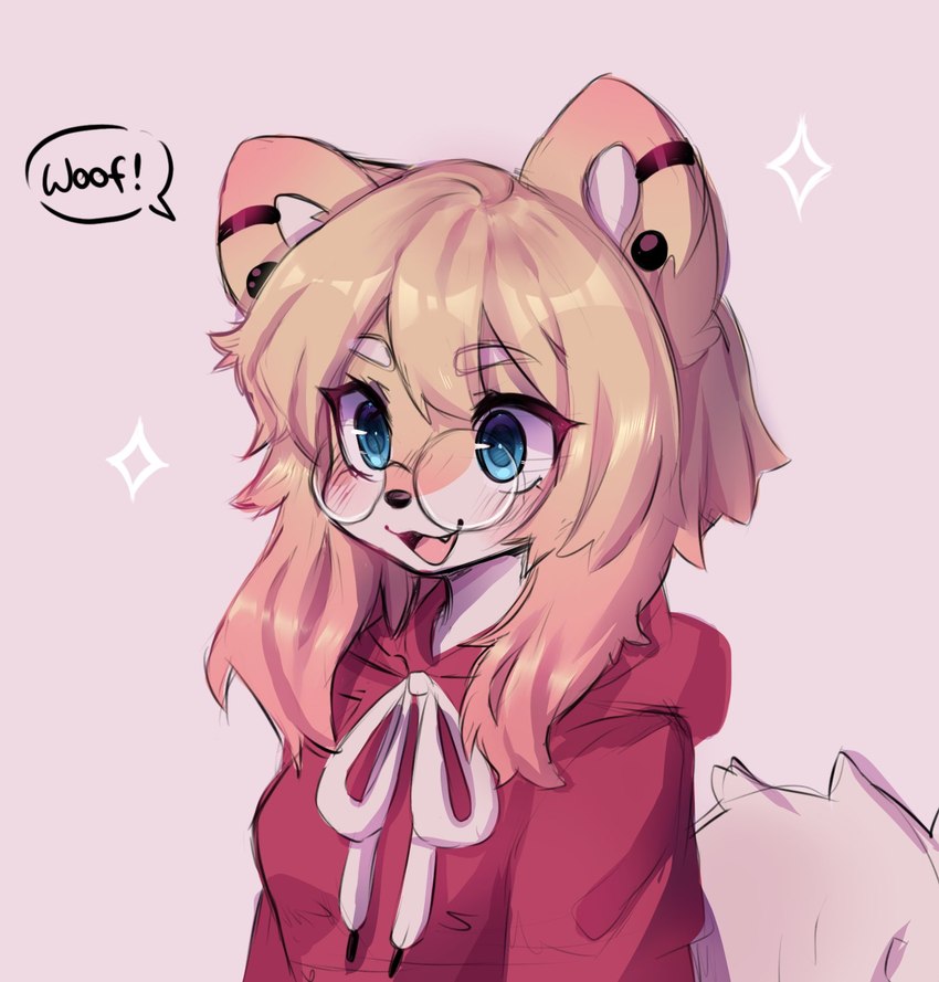 anthro blonde_hair blue_eyes blush breasts clothed clothing cute_fangs eyewear fangs female female_anthro fluffy fluffy_tail glasses hair hoodie long_hair open_mouth open_smile pink_background red_clothing red_hoodie red_topwear simple_background smile snout solo sparkles sparkling_character tail teeth text topwear anakoluth aska_(anakoluth) canid canine canis domestic_dog mammal 2021 english_text hi_res