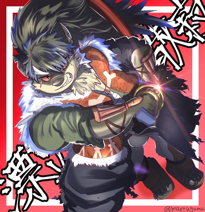 anthro fur grey_body grey_fur grin hair katana male melee_weapon ponytail ragged_clothing samurai scar smile solo sword text warrior weapon martuguma lifewonders tokyo_afterschool_summoners shino_(tas) canid canine canis domestic_dog mammal absurd_res hi_res japanese_text