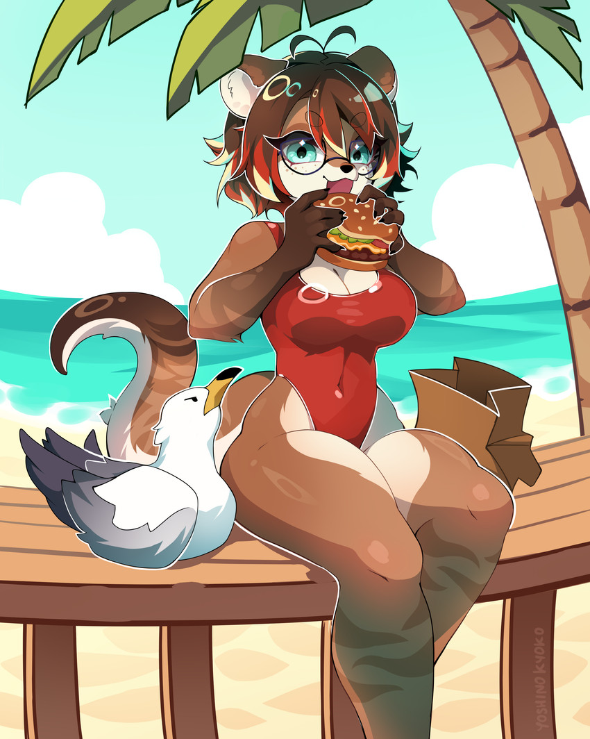 anthro beach breasts brown_body brown_fur brown_hair burger clothing eating eyewear female food fur glasses green_eyes grumpy hair highlights_(coloring) hungry markings membrane_(anatomy) multicolored_body multicolored_hair palm_tree plant red_clothing red_highlights red_swimwear sand sea short_hair smile smiling_at_viewer solo striped_arms striped_body striped_fur striped_legs striped_markings striped_tail stripes swimwear tail tail_markings tree two_tone_body water wearing_glasses webbed_hands yoshinokyoko thalassophilia_(zombiecowherd) riley_delmare avian bird gull humanoid lari larid mammal mustelid otter river_otter absurd_res hi_res