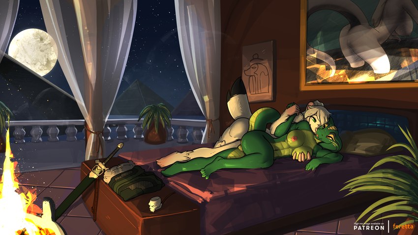 anthro balcony bed bedroom bodily_fluids breast_grab breasts duo egyptian female fire fur furniture genital_fluids genitals green_body green_eyes hand_holding hand_on_breast male melee_weapon moon night nude on_bed plant pussy pyramid scenery sword vaginal_fluids weapon white_body white_fur yellow_eyes feretta bajkow euriel_(bajkow) mis'alia mammal mustelid musteline reptile scalie snake stoat true_musteline weasel 16:9 2024 hi_res widescreen