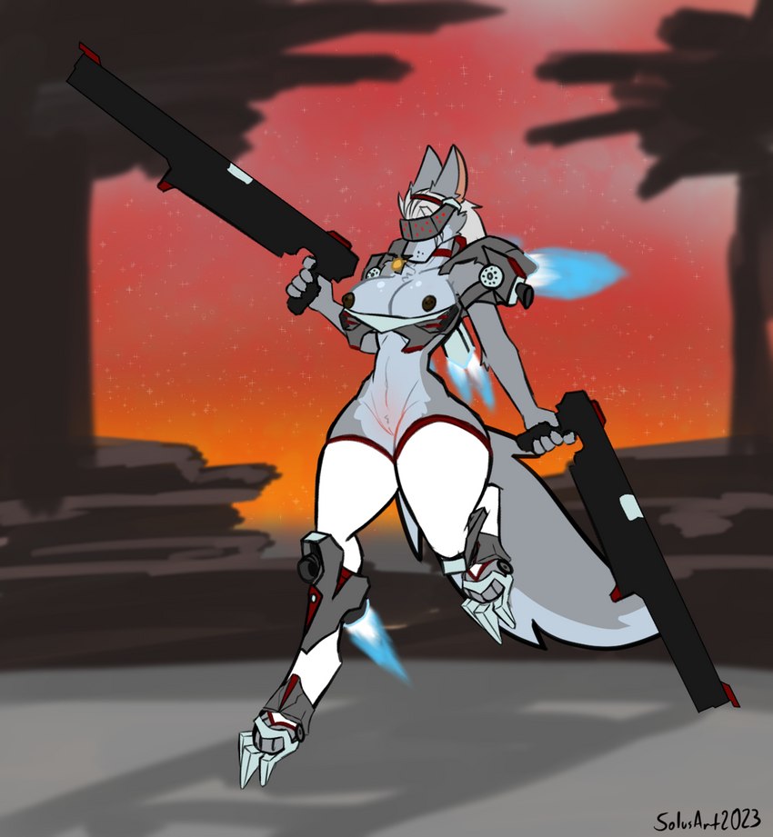 accessory anthro armor big_breasts bottomless breasts clothed clothing collar cosplay dual_wielding exposed_breasts female flying gun hair_accessory hairband handgun holding_gun holding_object holding_ranged_weapon holding_weapon jet_pack legwear machine mecha mecha_musume pauldron pistol ranged_weapon solo text thick_thighs thigh_highs thrusters visor weapon alrecsolus armored_core_(series) armored_core_vi:_fires_of_rubicon leila_(alrecsolus) nightfall_(armored_core) canid canine canis mammal wolf 2023 artist_name dated full-length_portrait hi_res portrait