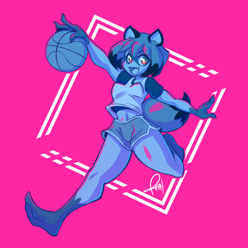 anthro ball barefoot basketball_(ball) blue_body blue_eyes blue_fur bottomwear breasts clothed clothing cute_fangs dolphin_shorts fangs feet female fluffy fluffy_tail fur hair happy jacket looking_at_viewer navel open_mouth shorts soles solo tail teeth toes topwear pizzacat brand_new_animal studio_trigger michiru_kagemori canid canine mammal raccoon_dog tanuki 1:1 hi_res