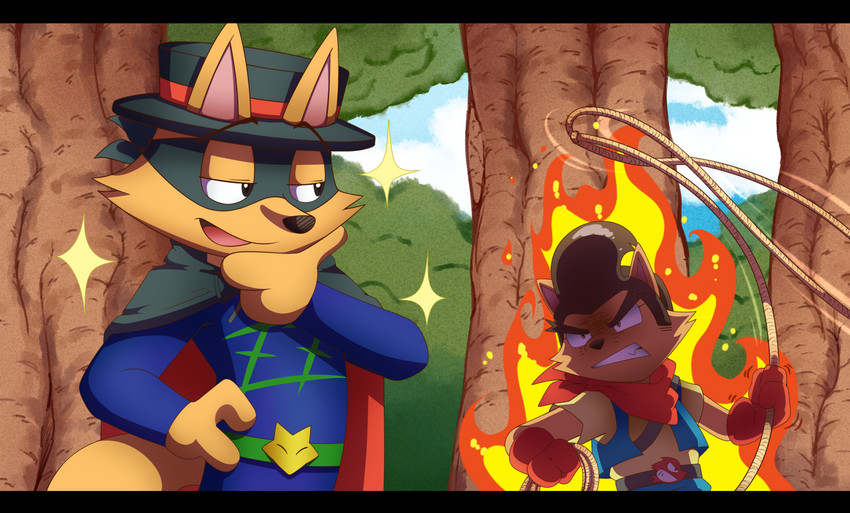 angry anthro black_bars cape clothing duo ears_through_headwear fire forest hand_on_hip hat headgear headwear kerchief lasso male mask plant pose smug_grin tree messer-aramis kaiketsu_zorori beat_(kaiketsu_zorori) zorori canid canine fox mammal 2020 absurd_res hi_res letterbox