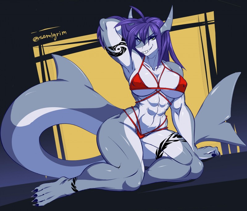 4_toes abs ahoge anthro bedroom_eyes big_breasts big_tail bikini breasts cleavage clothed clothing eyelashes feet female hair half-closed_eyes hand_behind_head looking_at_viewer muscular muscular_anthro muscular_female nails narrowed_eyes navel nipple_outline non-mammal_breasts purple_hair seductive sharp_nails sharp_teeth smile solo swimwear tail tattoo teeth thick_thighs toes tribal tribal_tattoo two-piece_swimsuit under_boob sem-l-grim fish marine shark 2019 absurd_res hi_res