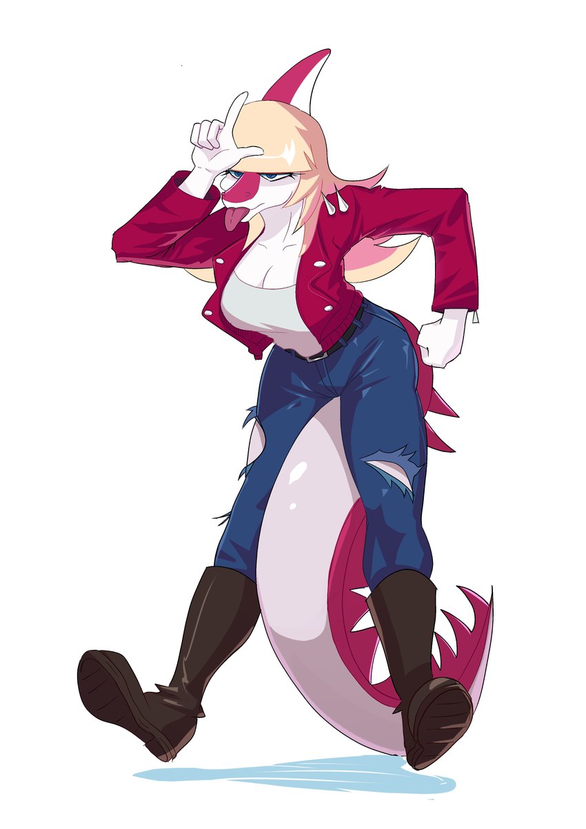 5_fingers anthro big_tail blonde_hair blue_eyes boots bottomwear breasts cleavage clothed clothing denim denim_bottomwear denim_clothing eyelashes female fingers footwear gesture hair hand_gesture jacket jeans long_hair long_tail loser_gesture magenta_body magenta_scales multicolored_body multicolored_scales pants scales shoes simple_background snout solo spiked_tail spikes spikes_(anatomy) tail tongue tongue_out topwear torn_bottomwear torn_clothing torn_jeans torn_pants two_tone_body two_tone_scales white_background white_body white_scales unknown_artist cavemanon_studios i_wani_hug_that_gator mia_moretti dinosaur hadrosaurid ornithischian ornithopod parasaurolophus prehistoric_species reptile scalie 2024 absurd_res digital_drawing_(artwork) digital_media_(artwork) hi_res