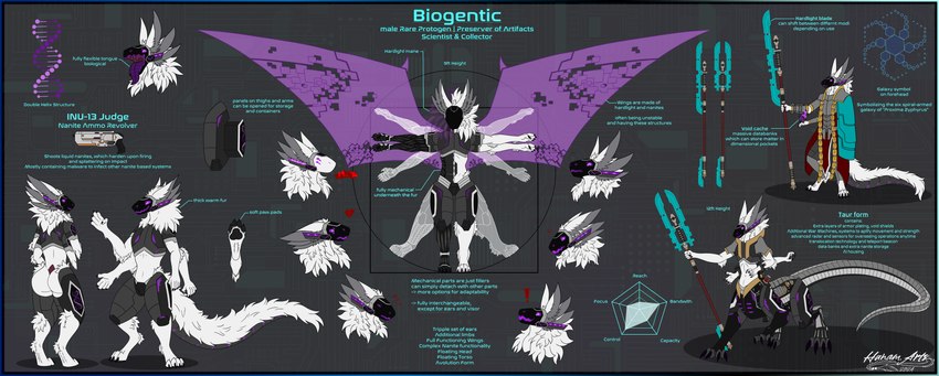 4_arms anthro armor butt claws cybernetic_arm cybernetic_leg cybernetic_limb cybernetics description emotes fluffy fur gun handgun hardlight machine male melee_weapon multi_arm multi_limb nanites pawpads paws pistol polearm protogen_armor protogen_face protogen_visor raised_wings ranged_weapon solo spear spread_wings symbol tail text tongue weapon white_body white_fur wings hunamarts biogentic biogentic_(protogen) protogen taur absurd_res english_text hi_res model_sheet