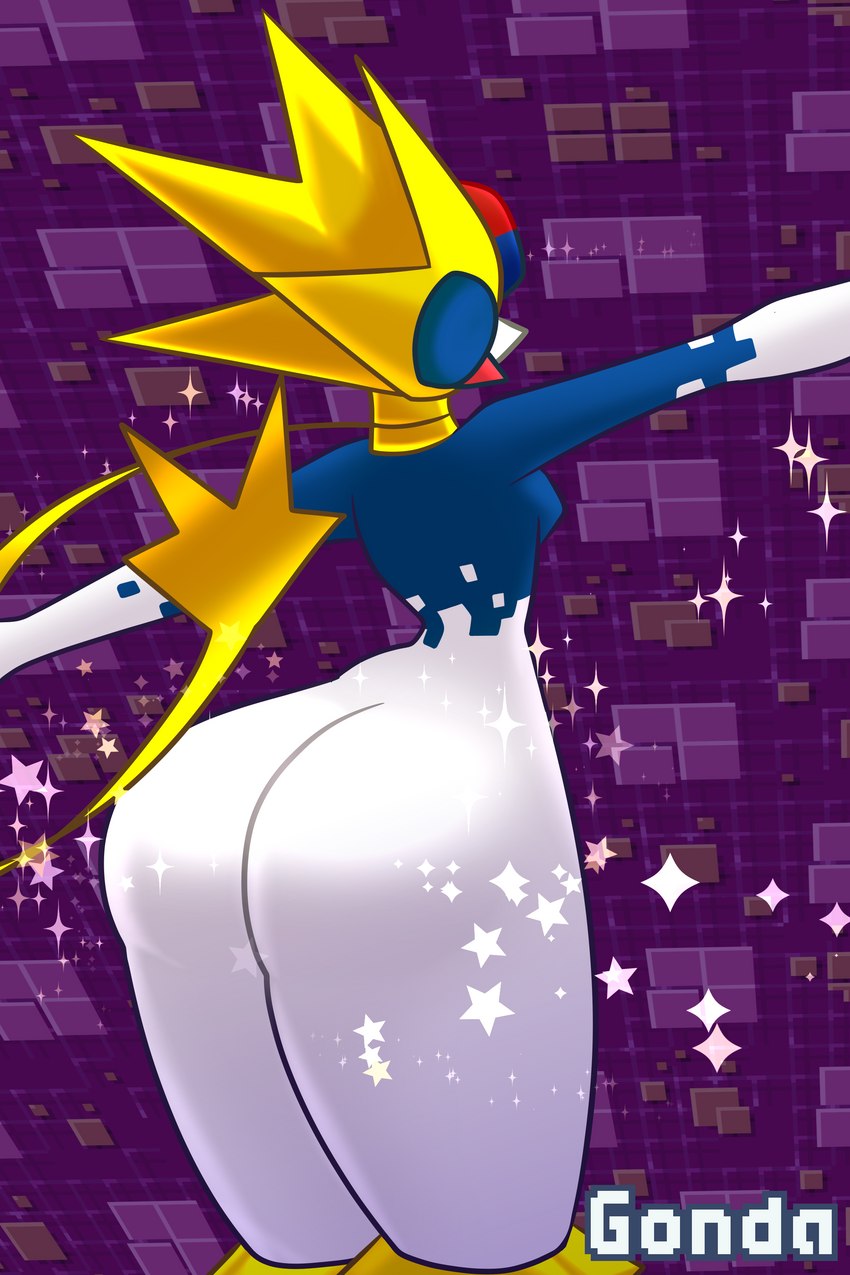 big_butt blue_body butt crossgender female looking_away rear_view simple_background solo sparkles white_as wiggle yellow_accessory gonda capcom mega_man_(series) mega_man_battle_network star_man.exe humanoid net_navi 2:3 absurd_res hi_res