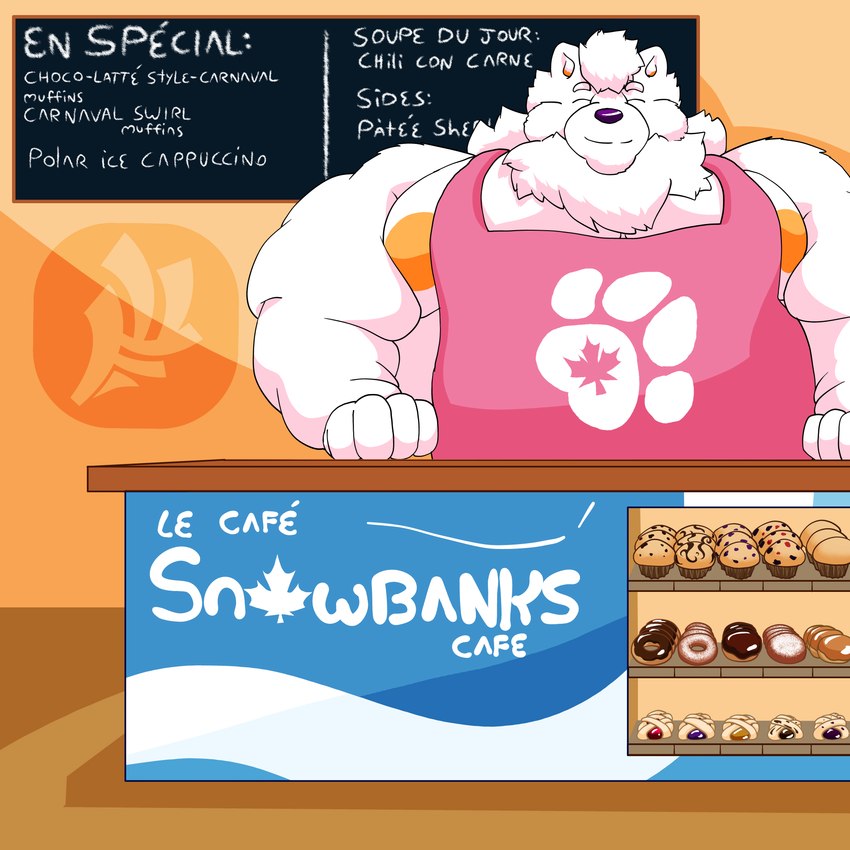 anthro apron apron_only bakery barazoku belly big_belly bilingual canada chalkboard clothed clothing coffee_shop dessert doughnut eyes_closed fat_rolls fluffy food fur hair hyper information_board kemono looking_at_viewer love_handles male maple_leaf muffin neck_tuft nipple_slip nipples obese obese_anthro obese_male overweight overweight_anthro overweight_male pastries pastry simple_background size_difference smile solo text tuft white_body fujiyama_samoyed fujiyama_kenhaku canid canine canis domestic_dog mammal nordic_sled_dog samoyed spitz 1:1 digital_media_(artwork) english_text french_text hi_res watermark