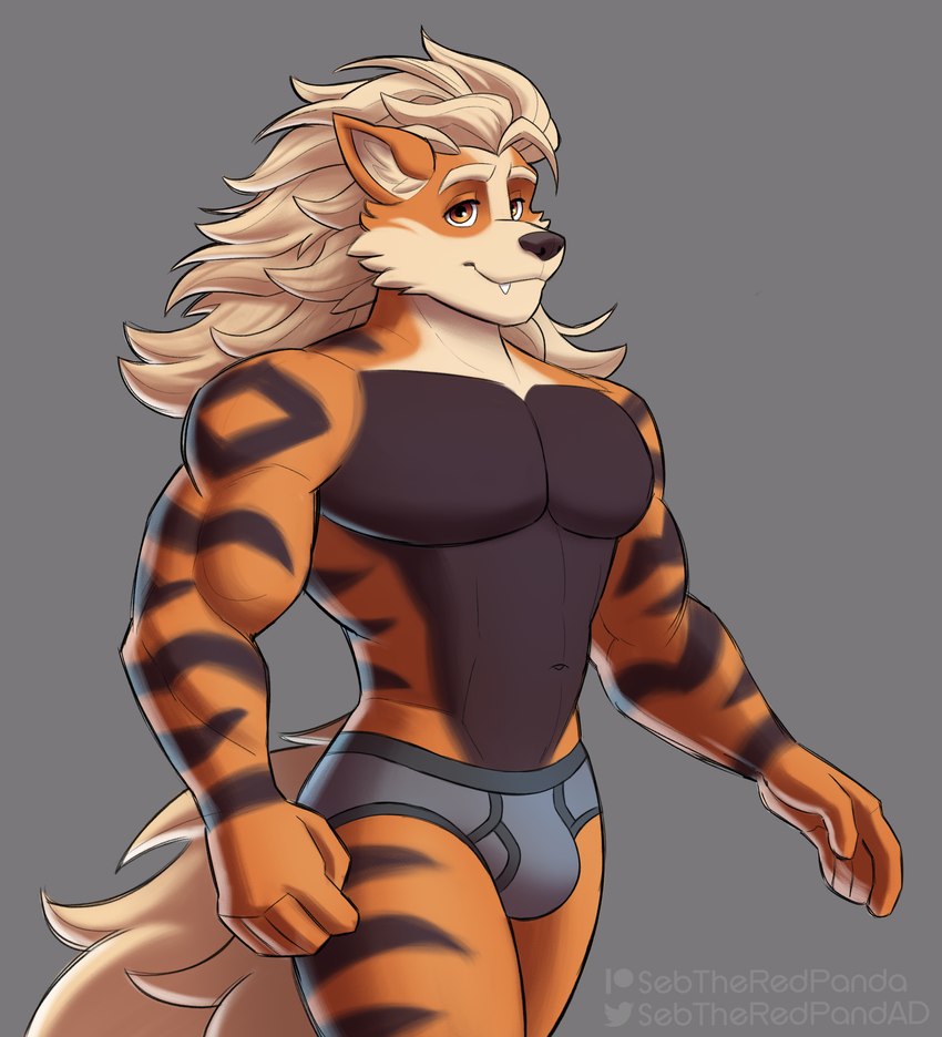 anthro anthrofied biped black_body black_fur blonde_hair briefs briefs_only bulge clothed clothing fur grey_background grey_briefs grey_clothing grey_underwear hair looking_at_viewer male markings muscular orange_body orange_eyes orange_fur pokemorph simple_background smile solo standing striped_markings stripes topless topless_male underwear underwear_only sebtheredpanda nintendo patreon pokemon twitter arcanine generation_1_pokemon pokemon_(species) absurd_res hi_res signature